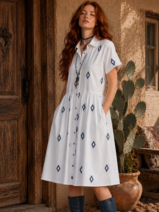 Polagram Dresses & Skirts - Polagram | White Embroidered Button Front | 100% Cotton | Shirt Dress | Medium